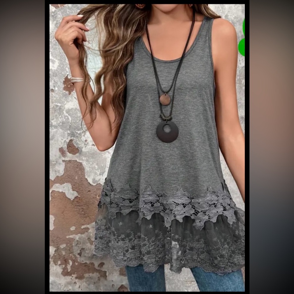 New Women's Casual Sleeveless Lace Trim Tank Top Round Neck Med Stretch Top XXL